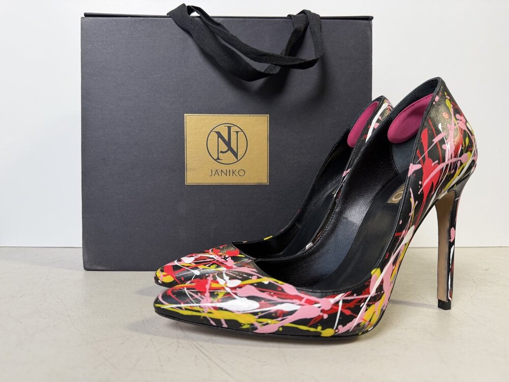 Janiko Women's Paint-splatter Stiletto Pumps Black Multicolor Leather Size 8.5